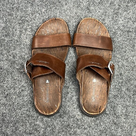 Merrell Around Town Buckle Sandals Womens Size 7 Brown Leather Cork Summer Slide - Picture 8 of 11